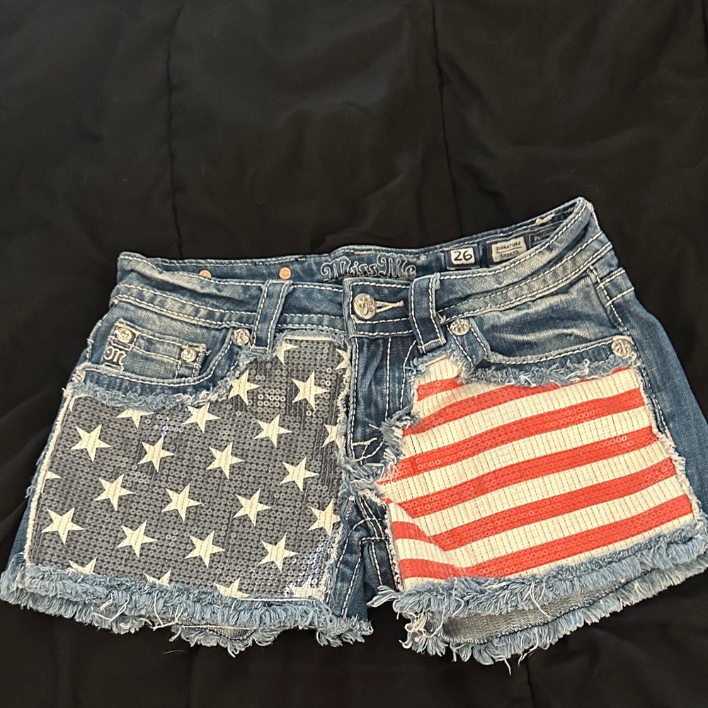 Miss Me Blue Jean Shorts with American Flag Design